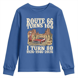 Route Highway 66 Turns 100 I Turn 80 Youth Sweatshirt Vintage 1946 Road Sign American Muscle Car Lover 80th Birthday Gift