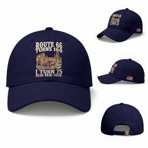 Route Highway 66 Turns 100 I Turn 75 Baseball Cap Vintage 1951 Road Sign American Muscle Car Lover 75th Birthday Gift