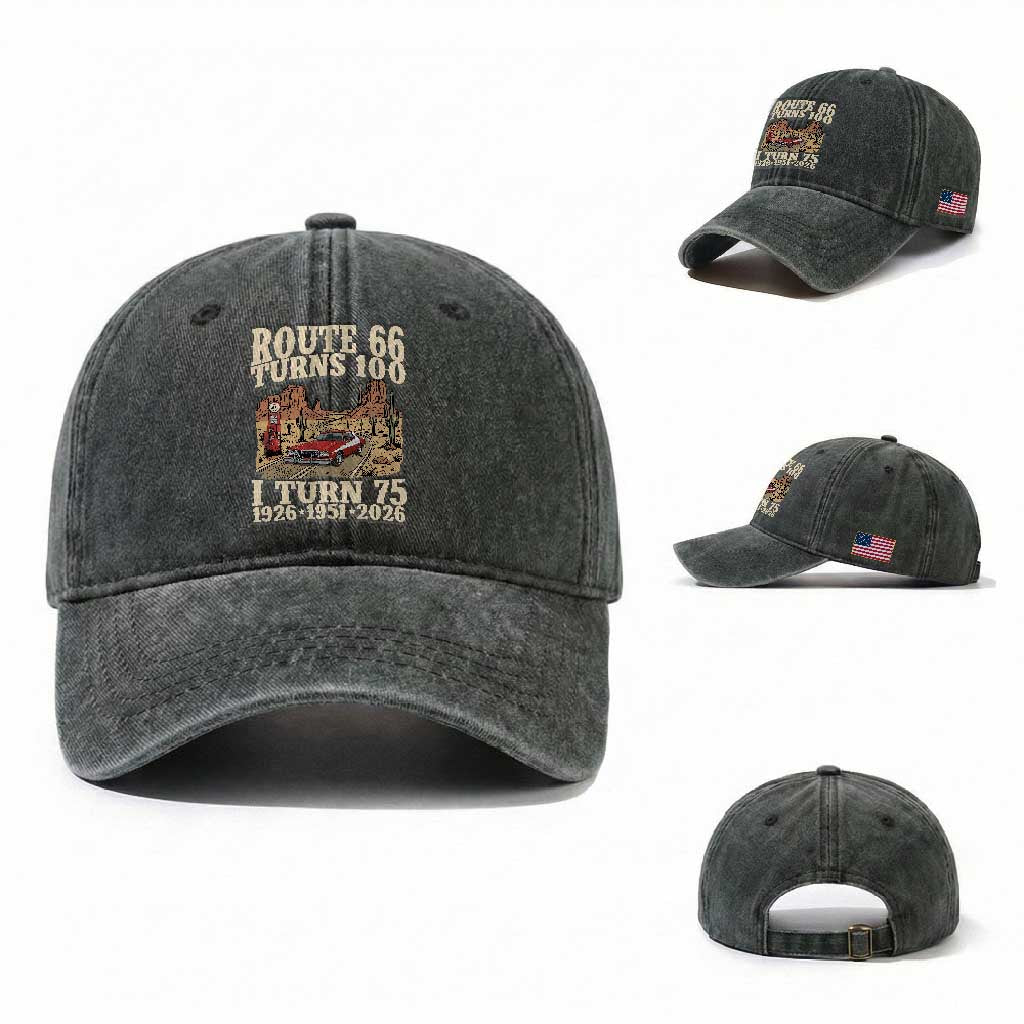 Route Highway 66 Turns 100 I Turn 75 Washed Cotton Baseball Cap Vintage 1951 Road Sign American Muscle Car Lover 75th Birthday Gift