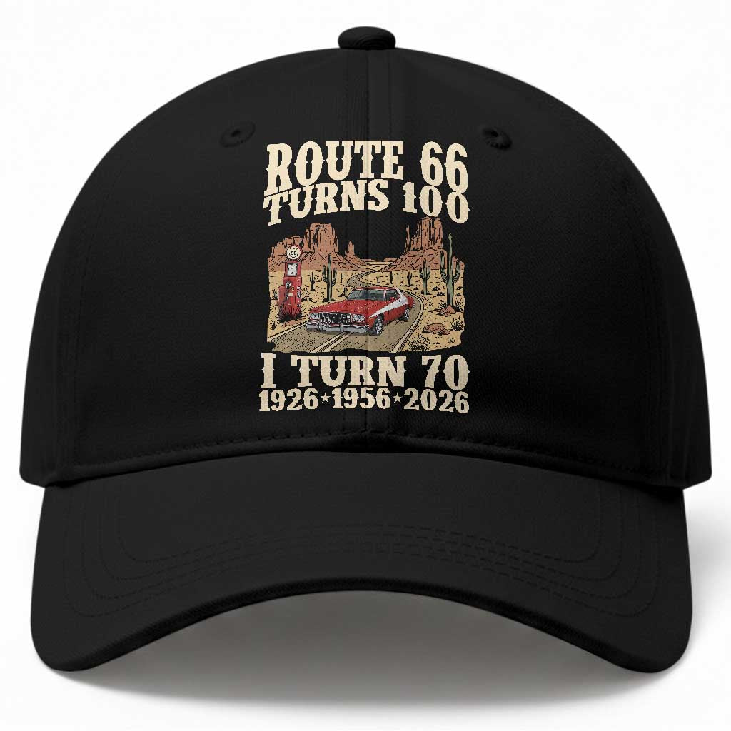 Route Highway 66 Turns 100 I Turn 70 Baseball Cap Vintage 1956 Road Sign American Muscle Car Lover 70th Birthday Gift