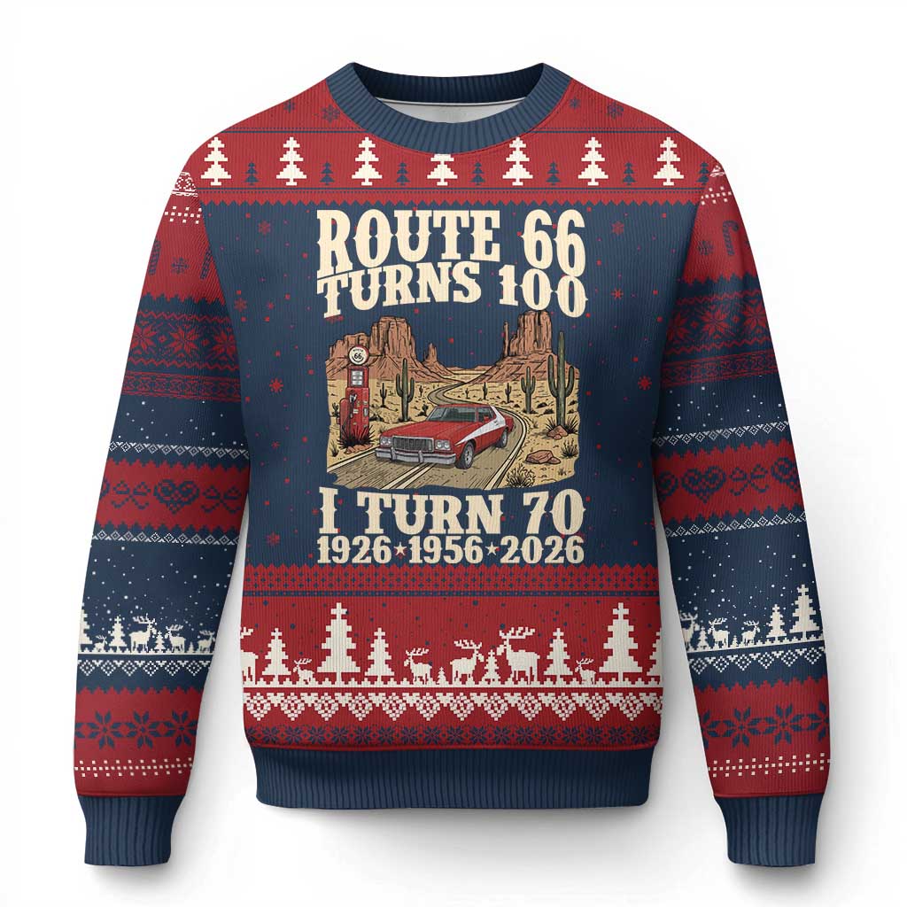 Route Highway 66 Turns 100 I Turn 70 Ugly Christmas Sweater Vintage 1956 Road Sign American Muscle Car Lover 70th Birthday Gift