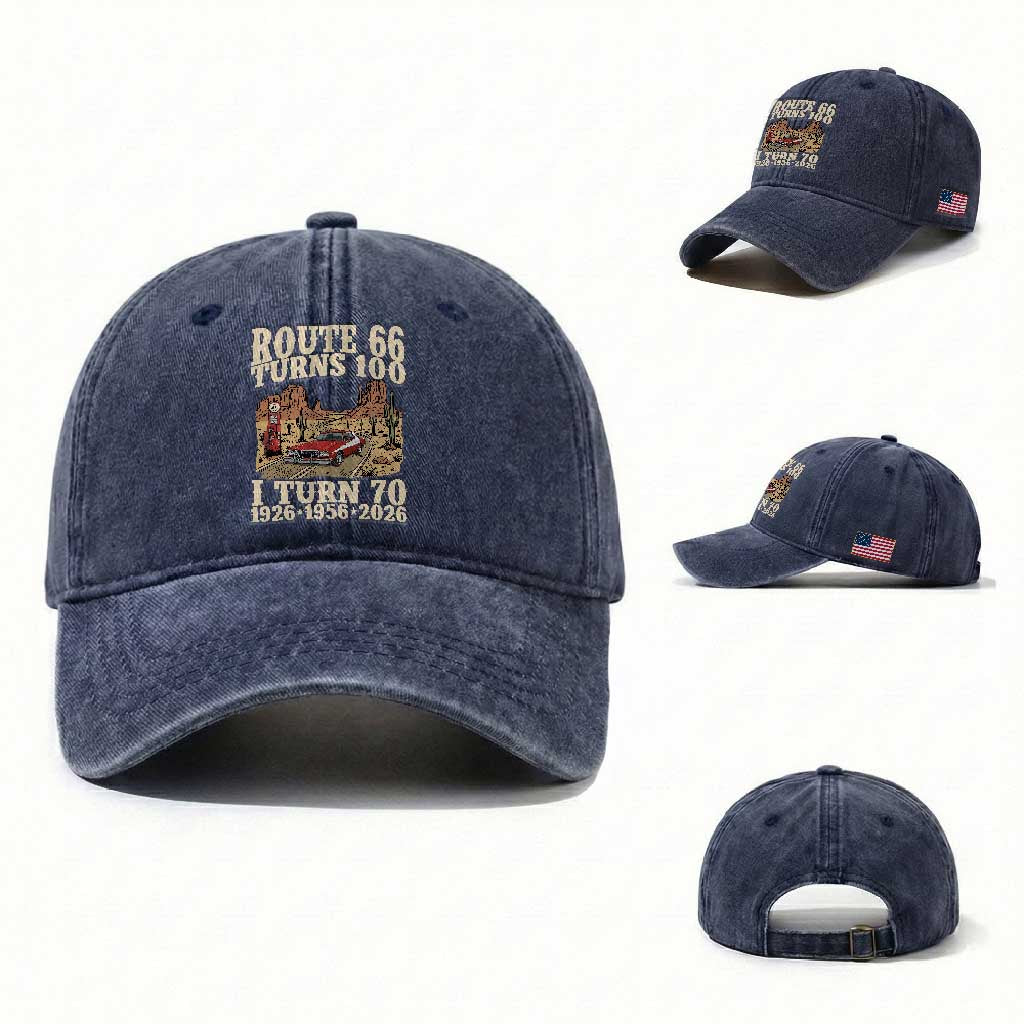 Route Highway 66 Turns 100 I Turn 70 Washed Cotton Baseball Cap Vintage 1956 Road Sign American Muscle Car Lover 70th Birthday Gift