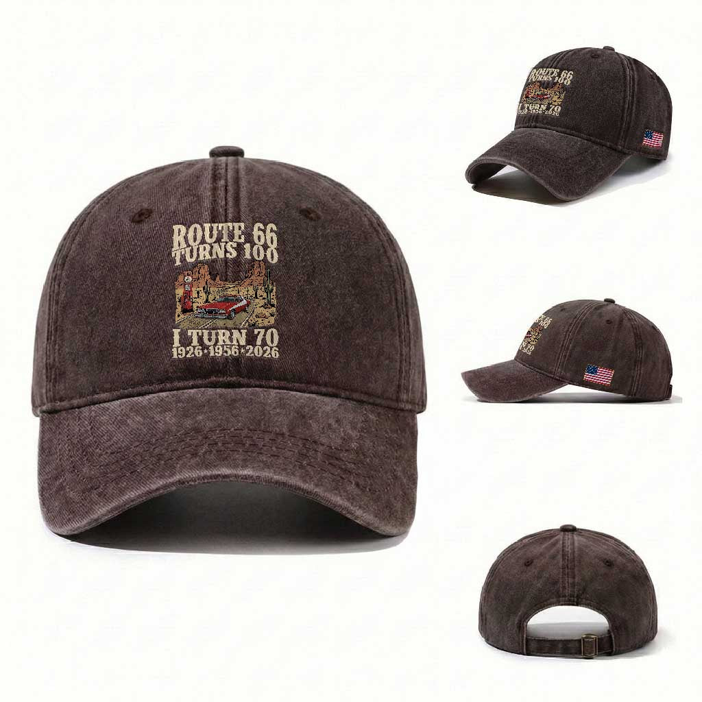 Route Highway 66 Turns 100 I Turn 70 Washed Cotton Baseball Cap Vintage 1956 Road Sign American Muscle Car Lover 70th Birthday Gift