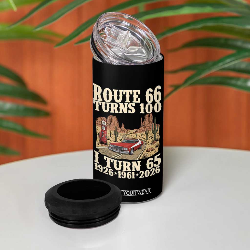Route Highway 66 Turns 100 I Turn 65 4 in 1 Can Cooler Tumbler Vintage 1961 Road Sign American Muscle Car Lover 65th Birthday Gift