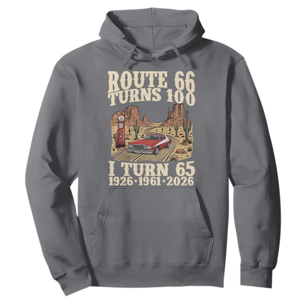 Route Highway 66 Turns 100 I Turn 65 Hoodie Vintage 1961 Road Sign American Muscle Car Lover 65th Birthday Gift