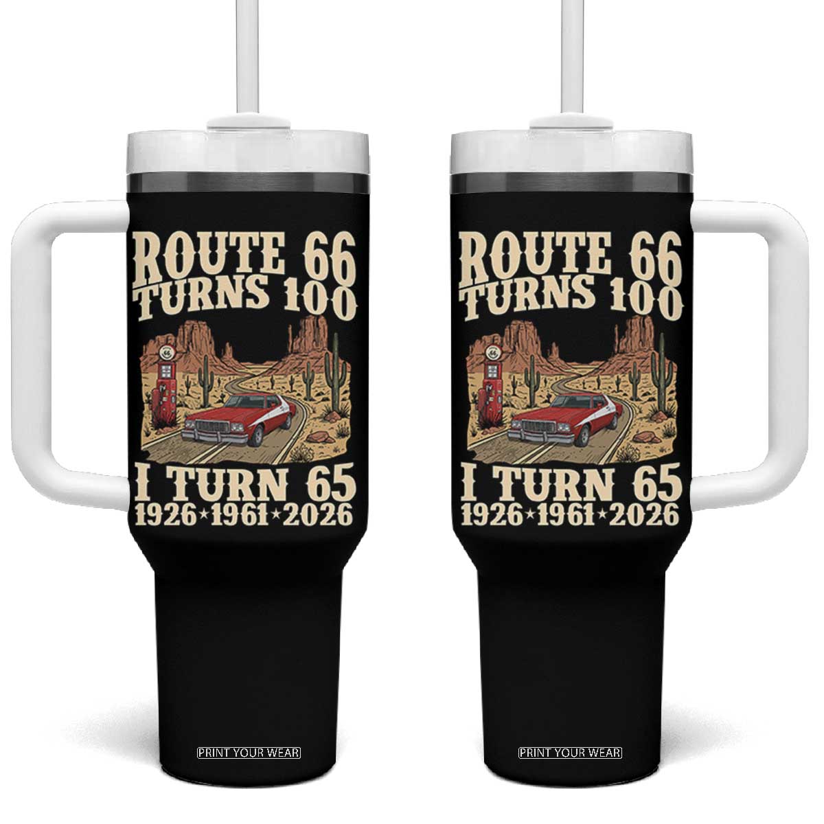 Route Highway 66 Turns 100 I Turn 65 Tumbler With Handle Vintage 1961 Road Sign American Muscle Car Lover 65th Birthday Gift