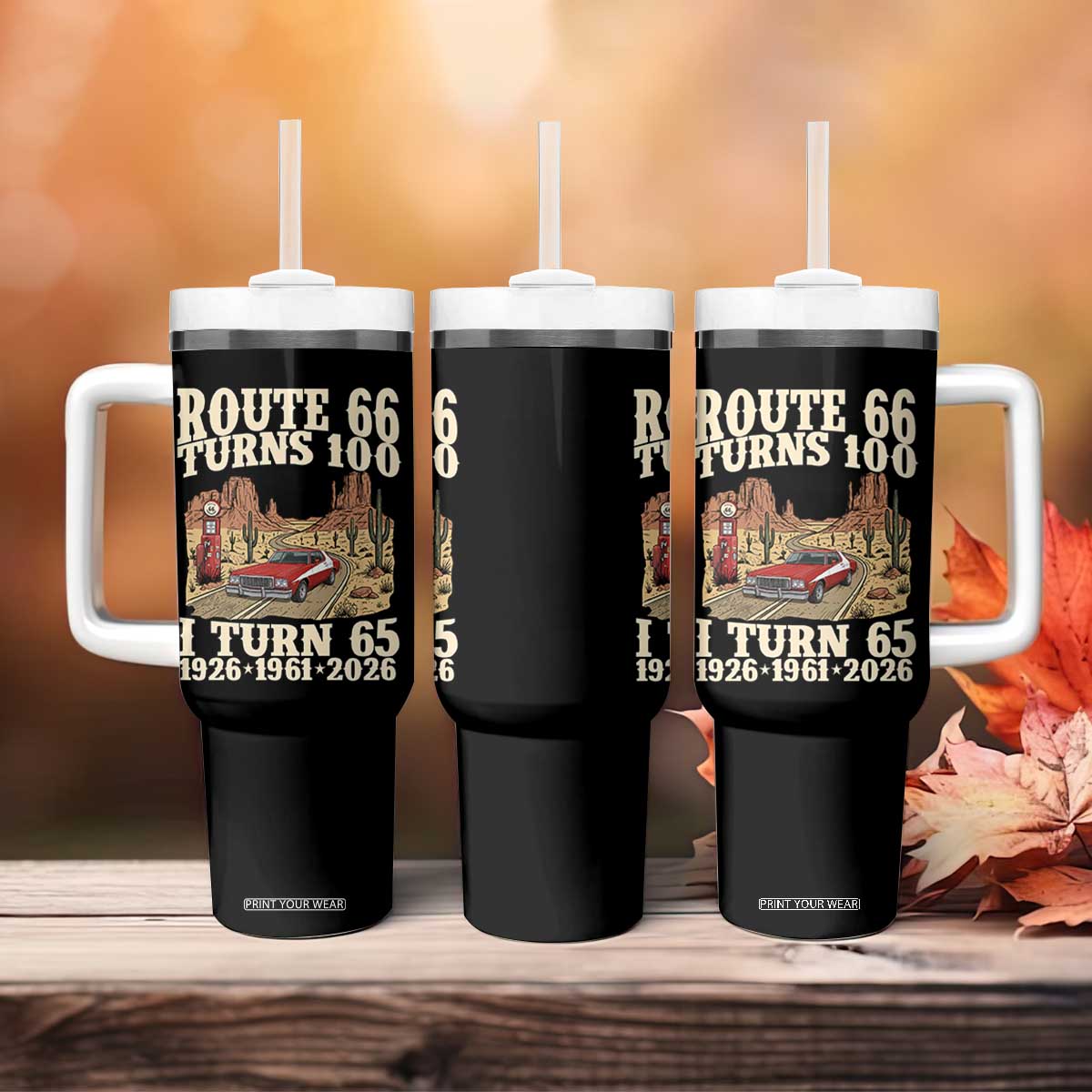 Route Highway 66 Turns 100 I Turn 65 Tumbler With Handle Vintage 1961 Road Sign American Muscle Car Lover 65th Birthday Gift