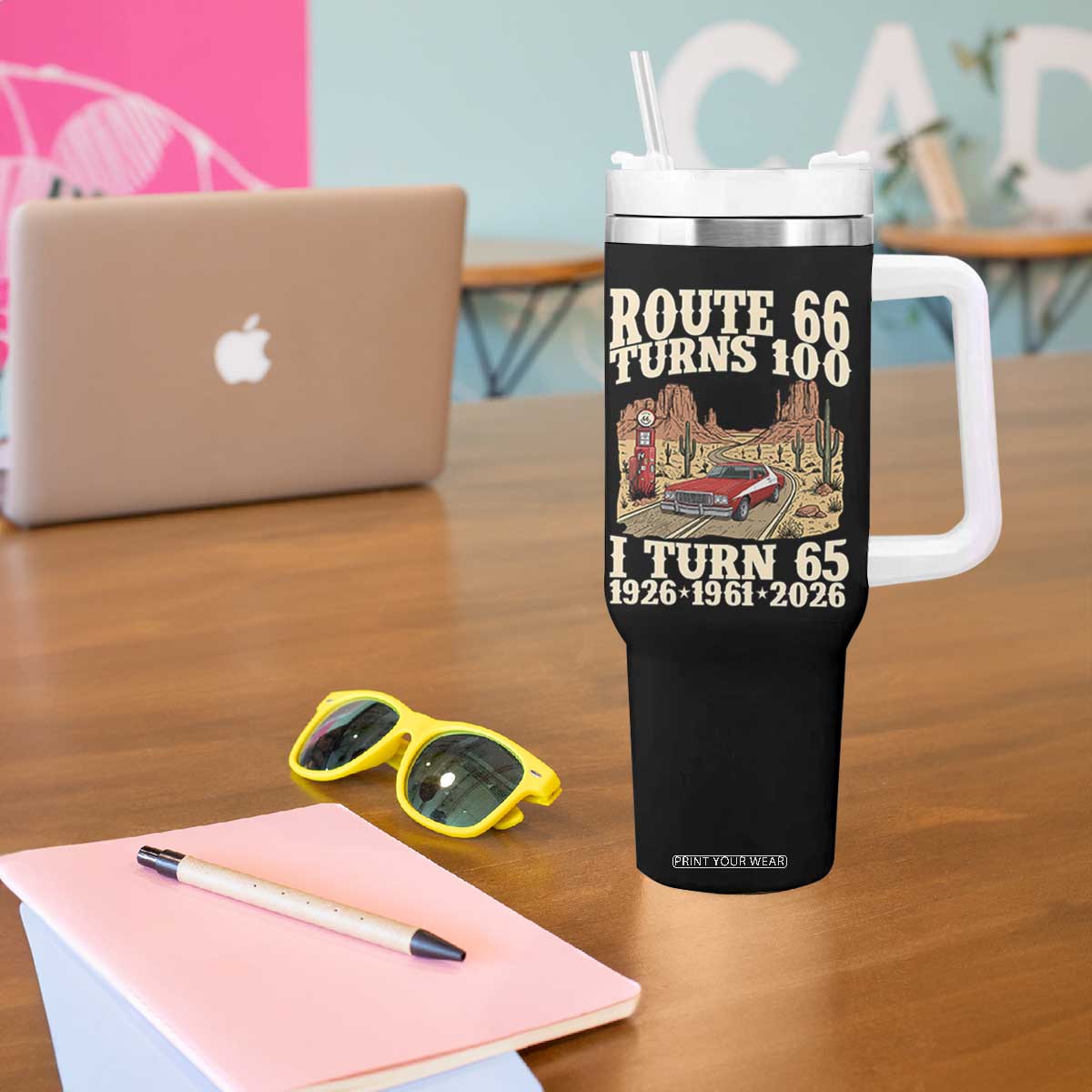 Route Highway 66 Turns 100 I Turn 65 Tumbler With Handle Vintage 1961 Road Sign American Muscle Car Lover 65th Birthday Gift