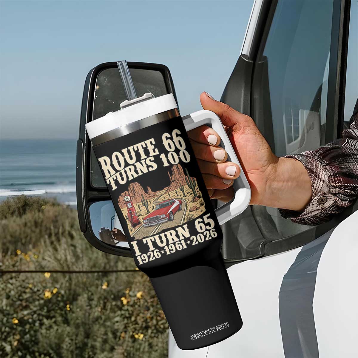 Route Highway 66 Turns 100 I Turn 65 Tumbler With Handle Vintage 1961 Road Sign American Muscle Car Lover 65th Birthday Gift