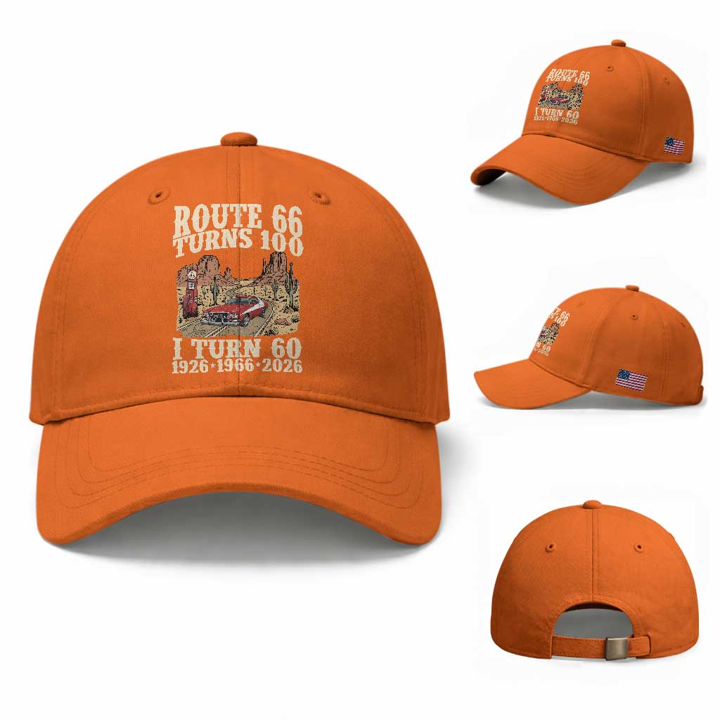 Route Highway 66 Turns 100 I Turn 60 Baseball Cap Vintage 1966 Road Sign American Muscle Car Lover 60th Birthday Gift