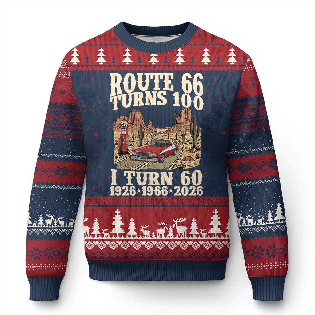 Route Highway 66 Turns 100 I Turn 60 Ugly Christmas Sweater Vintage 1966 Road Sign American Muscle Car Lover 60th Birthday Gift TS14 Navy Red Print Your Wear