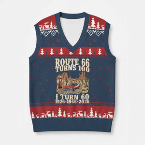 Route Highway 66 Turns 100 I Turn 60 V-Neck Knit Sweater Vest Vintage 1966 Road Sign American Muscle Car Lover 60th Birthday Gift