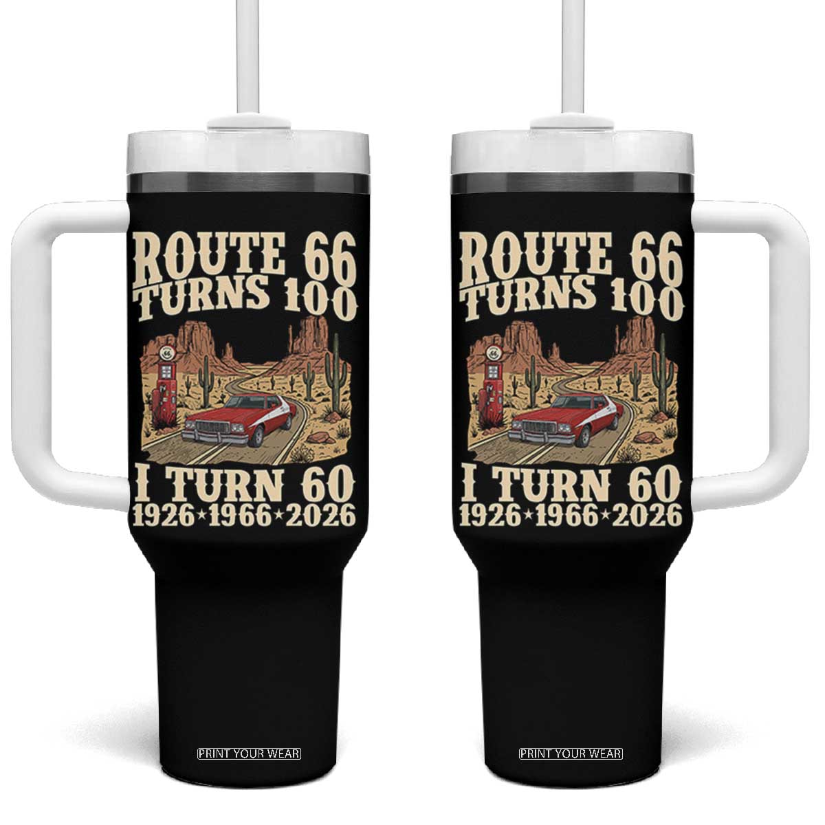 Route Highway 66 Turns 100 I Turn 60 Tumbler With Handle Vintage 1966 Road Sign American Muscle Car Lover 60th Birthday Gift