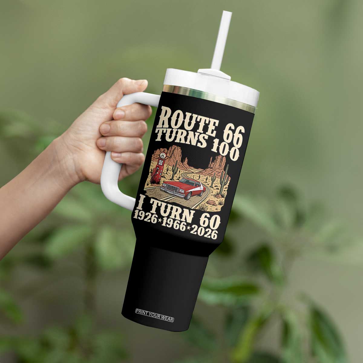 Route Highway 66 Turns 100 I Turn 60 Tumbler With Handle Vintage 1966 Road Sign American Muscle Car Lover 60th Birthday Gift