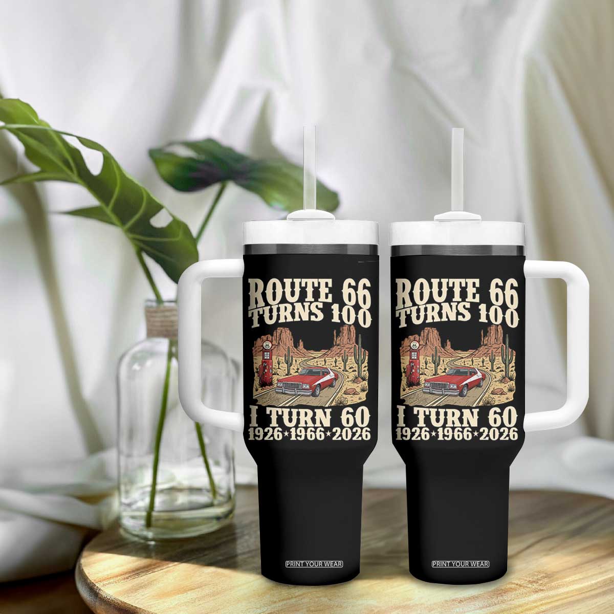 Route Highway 66 Turns 100 I Turn 60 Tumbler With Handle Vintage 1966 Road Sign American Muscle Car Lover 60th Birthday Gift