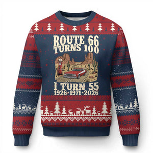 Route Highway 66 Turns 100 I Turn 55 Ugly Christmas Sweater Vintage 1971 Road Sign American Muscle Car Lover 55th Birthday Gift
