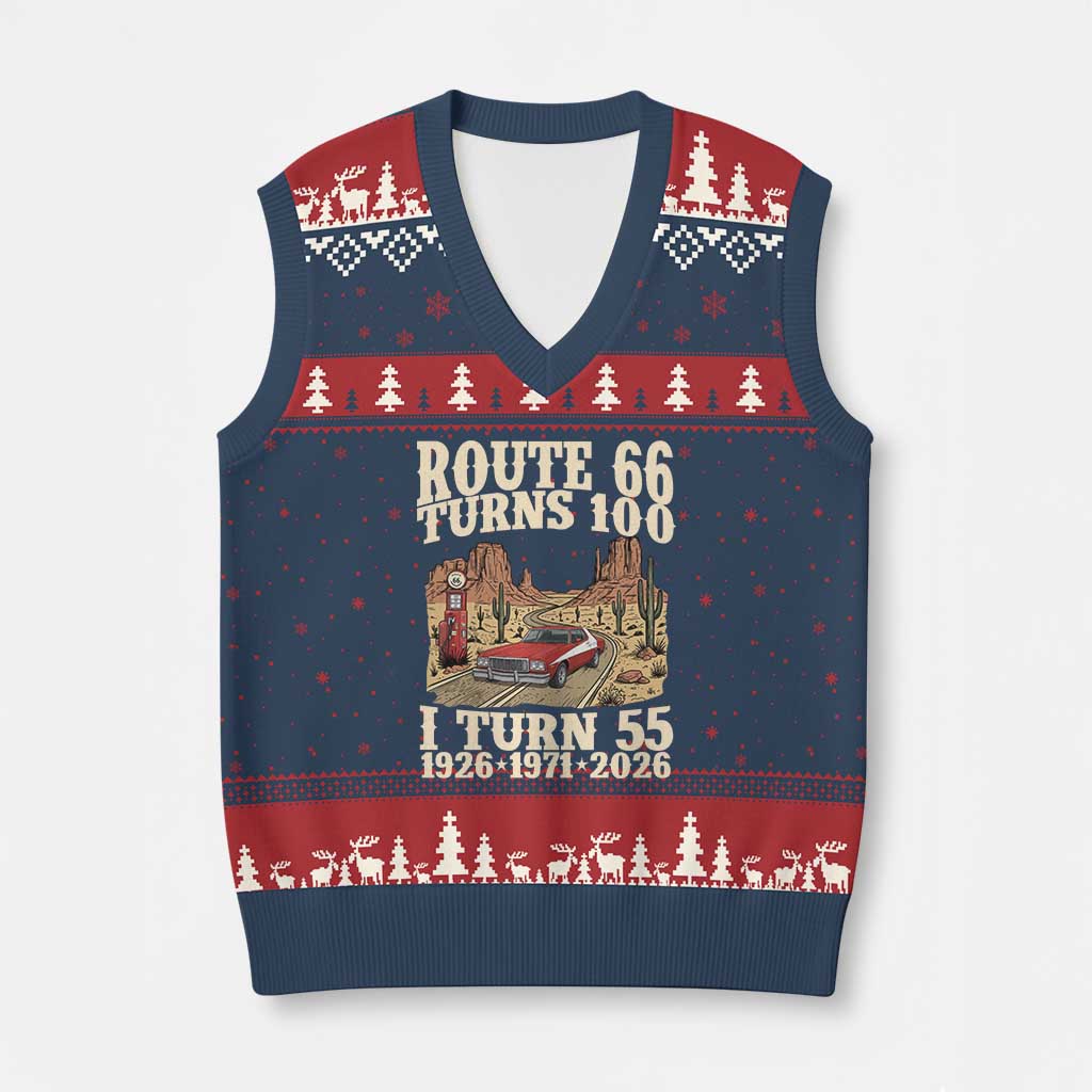 Route Highway 66 Turns 100 I Turn 55 V-Neck Knit Sweater Vest Vintage 1971 Road Sign American Muscle Car Lover 55th Birthday Gift
