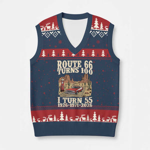 Route Highway 66 Turns 100 I Turn 55 V-Neck Knit Sweater Vest Vintage 1971 Road Sign American Muscle Car Lover 55th Birthday Gift