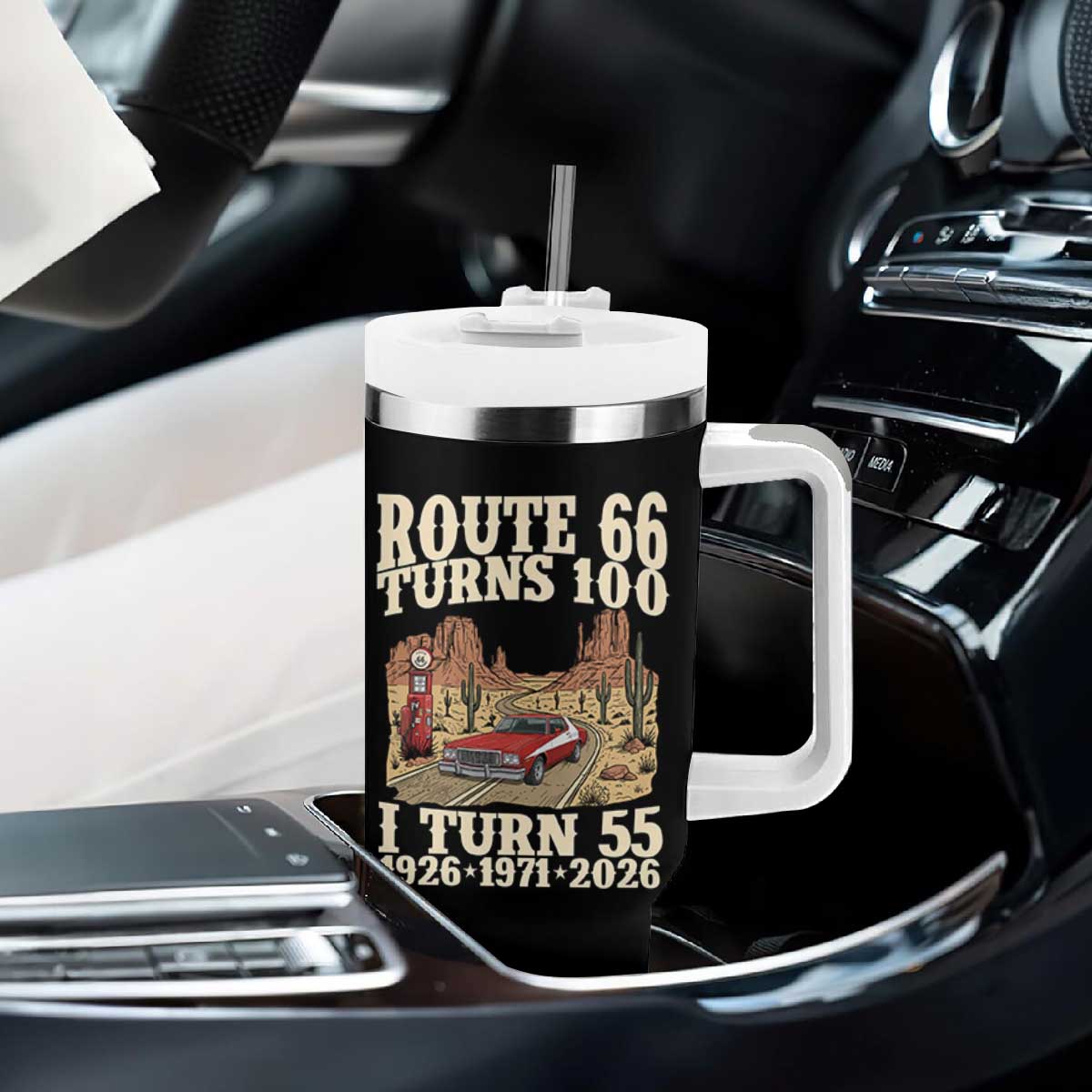 Route Highway 66 Turns 100 I Turn 55 Tumbler With Handle Vintage 1971 Road Sign American Muscle Car Lover 55th Birthday Gift