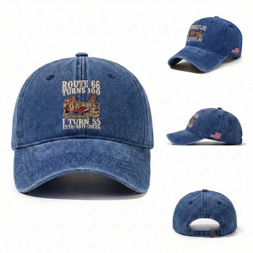 Route Highway 66 Turns 100 I Turn 55 Washed Cotton Baseball Cap Vintage 1971 Road Sign American Muscle Car Lover 55th Birthday Gift