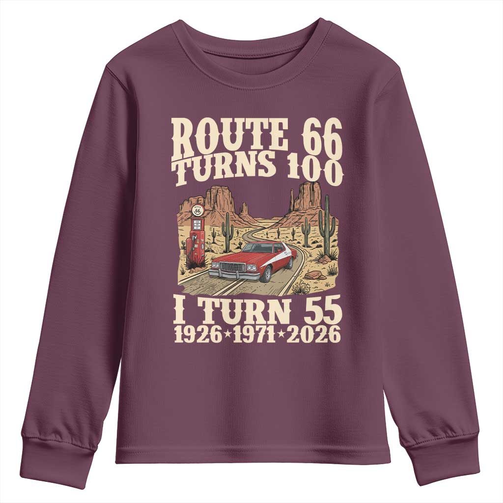 Route Highway 66 Turns 100 I Turn 55 Youth Sweatshirt Vintage 1971 Road Sign American Muscle Car Lover 55th Birthday Gift