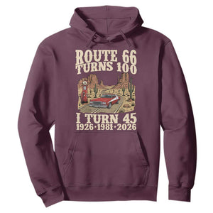 Route Highway 66 Turns 100 I Turn 45 Hoodie Vintage 1981 Road Sign American Muscle Car Lover 45th Birthday Gift