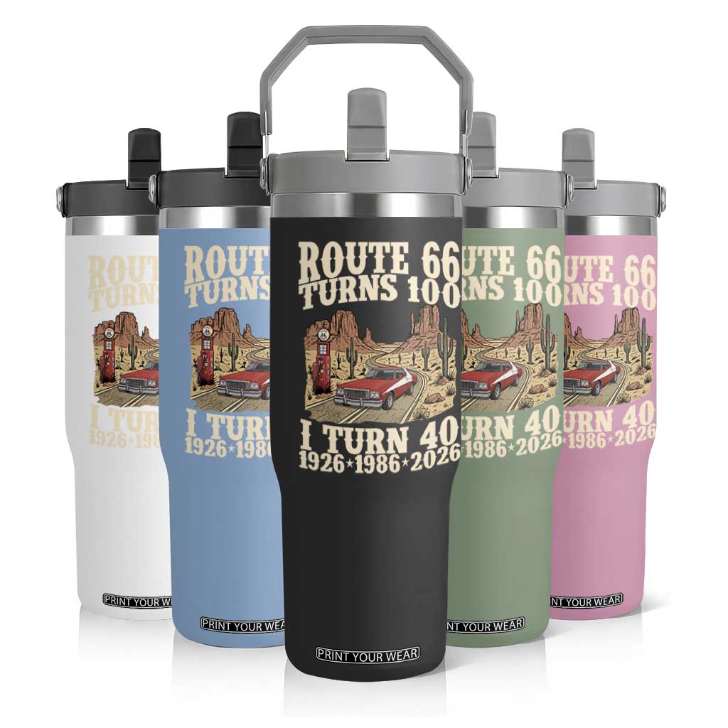 Route Highway 66 Turns 100 I Turn 40 Flip Straw Tumbler Vintage 1986 Road Sign American Muscle Car Lover 40th Birthday Gift
