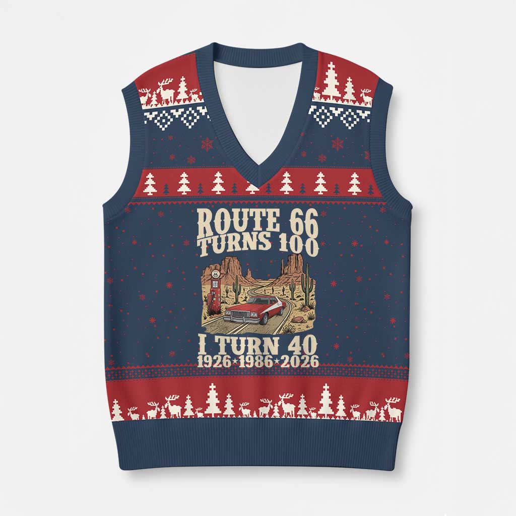 Route Highway 66 Turns 100 I Turn 40 V-Neck Knit Sweater Vest Vintage 1986 Road Sign American Muscle Car Lover 40th Birthday Gift