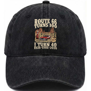 Route Highway 66 Turns 100 I Turn 40 Washed Cotton Baseball Cap Vintage 1986 Road Sign American Muscle Car Lover 40th Birthday Gift