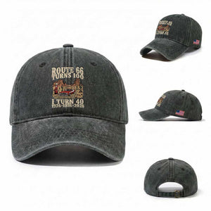 Route Highway 66 Turns 100 I Turn 40 Washed Cotton Baseball Cap Vintage 1986 Road Sign American Muscle Car Lover 40th Birthday Gift