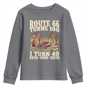 Route Highway 66 Turns 100 I Turn 40 Youth Sweatshirt Vintage 1986 Road Sign American Muscle Car Lover 40th Birthday Gift