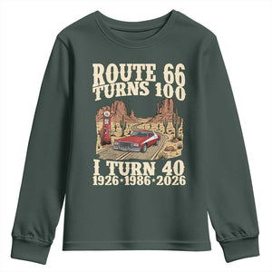 Route Highway 66 Turns 100 I Turn 40 Youth Sweatshirt Vintage 1986 Road Sign American Muscle Car Lover 40th Birthday Gift