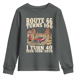 Route Highway 66 Turns 100 I Turn 40 Youth Sweatshirt Vintage 1986 Road Sign American Muscle Car Lover 40th Birthday Gift