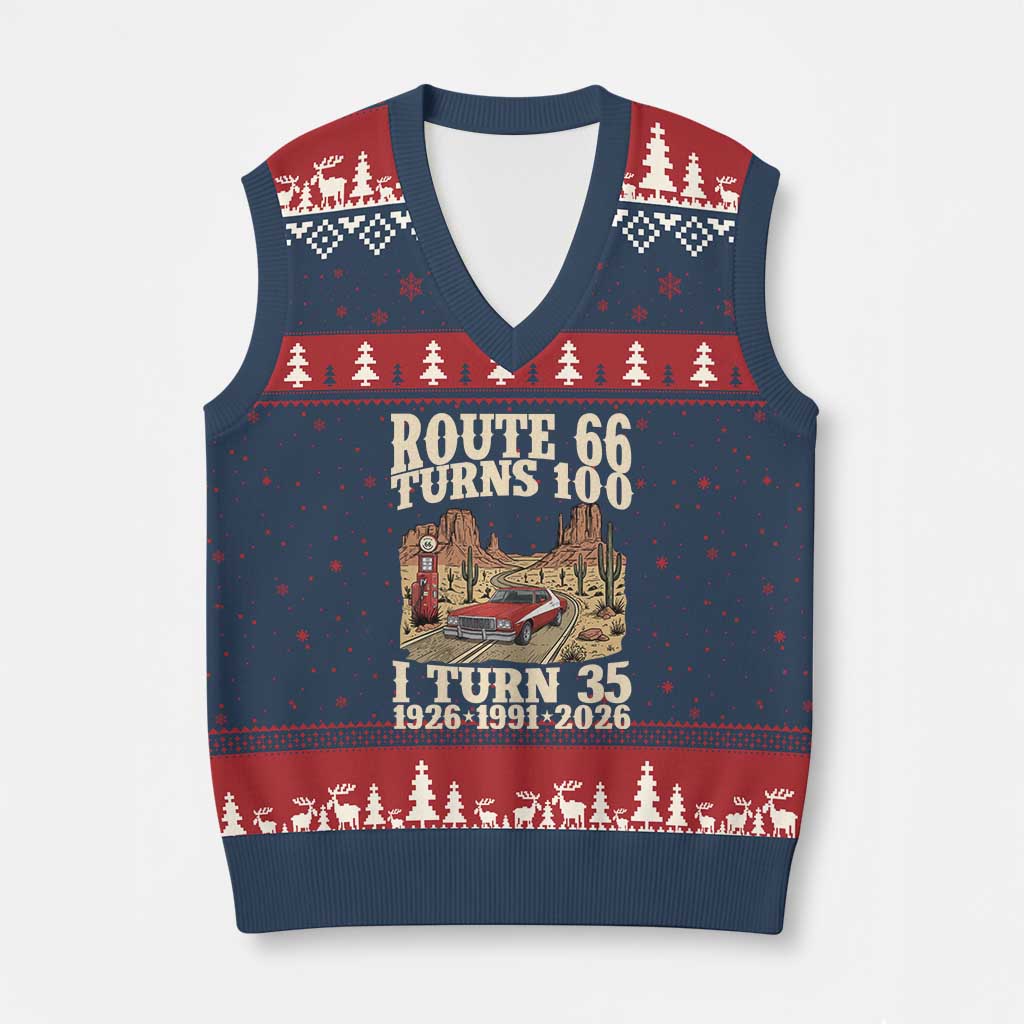 Route Highway 66 Turns 100 I Turn 35 V-Neck Knit Sweater Vest Vintage 1991 Road Sign American Muscle Car Lover 35th Birthday Gift