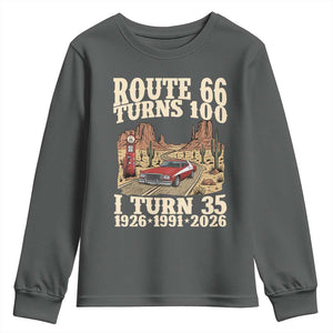Route Highway 66 Turns 100 I Turn 35 Youth Sweatshirt Vintage 1991 Road Sign American Muscle Car Lover 35th Birthday Gift