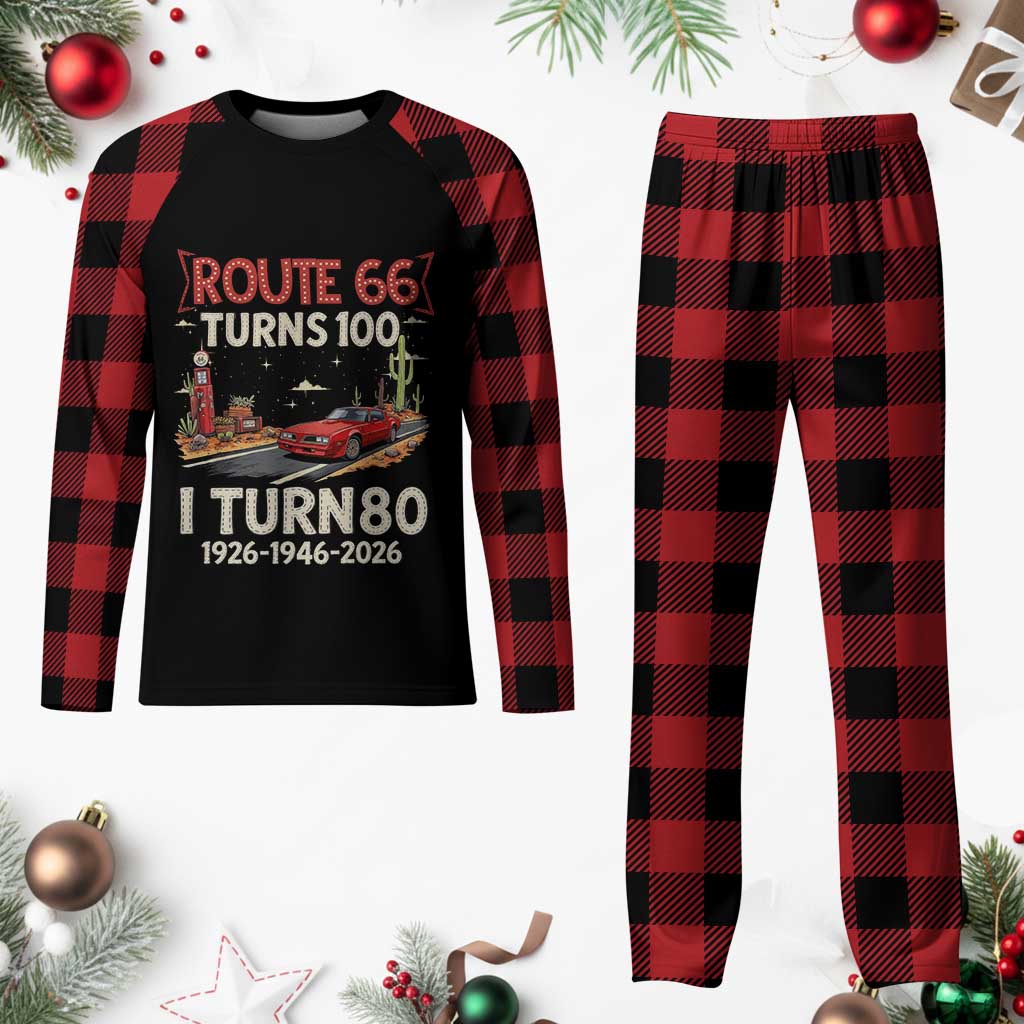 Route Highway 66 Turns 100 I Turn 80 Plaid Pajama Set Vintage 1946 Road Sign Classic Muscle Car Lover 80th Birthday Gift