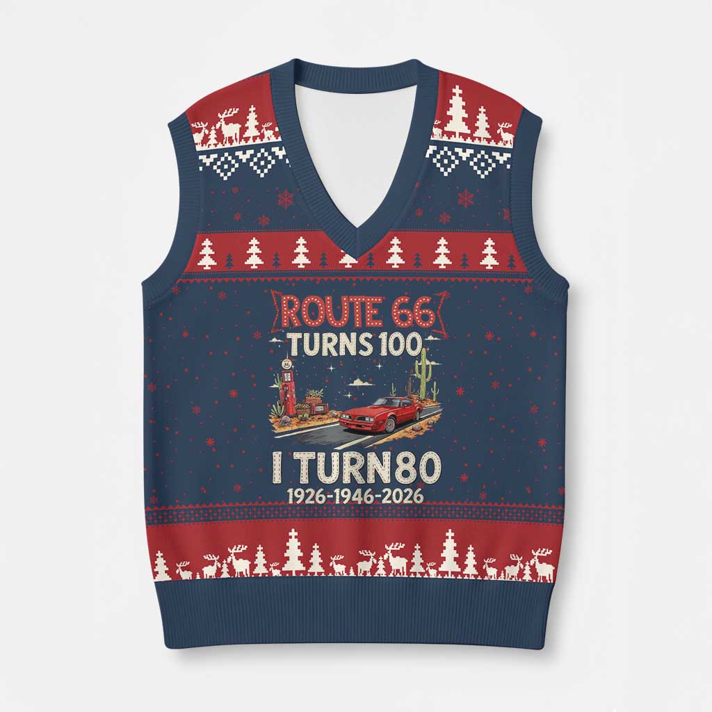 Route Highway 66 Turns 100 I Turn 80 V-Neck Knit Sweater Vest Vintage 1946 Road Sign Classic Muscle Car Lover 80th Birthday Gift