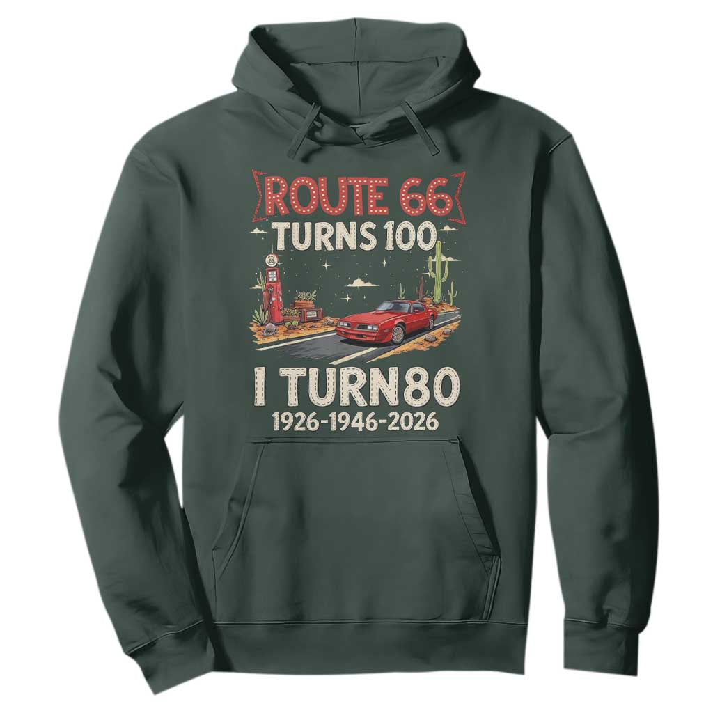 Route Highway 66 Turns 100 I Turn 80 Hoodie Vintage 1946 Road Sign Classic Muscle Car Lover 80th Birthday Gift