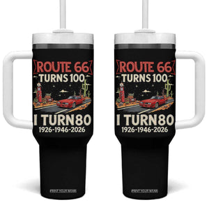 Route Highway 66 Turns 100 I Turn 80 Tumbler With Handle Vintage 1946 Road Sign Classic Muscle Car Lover 80th Birthday Gift