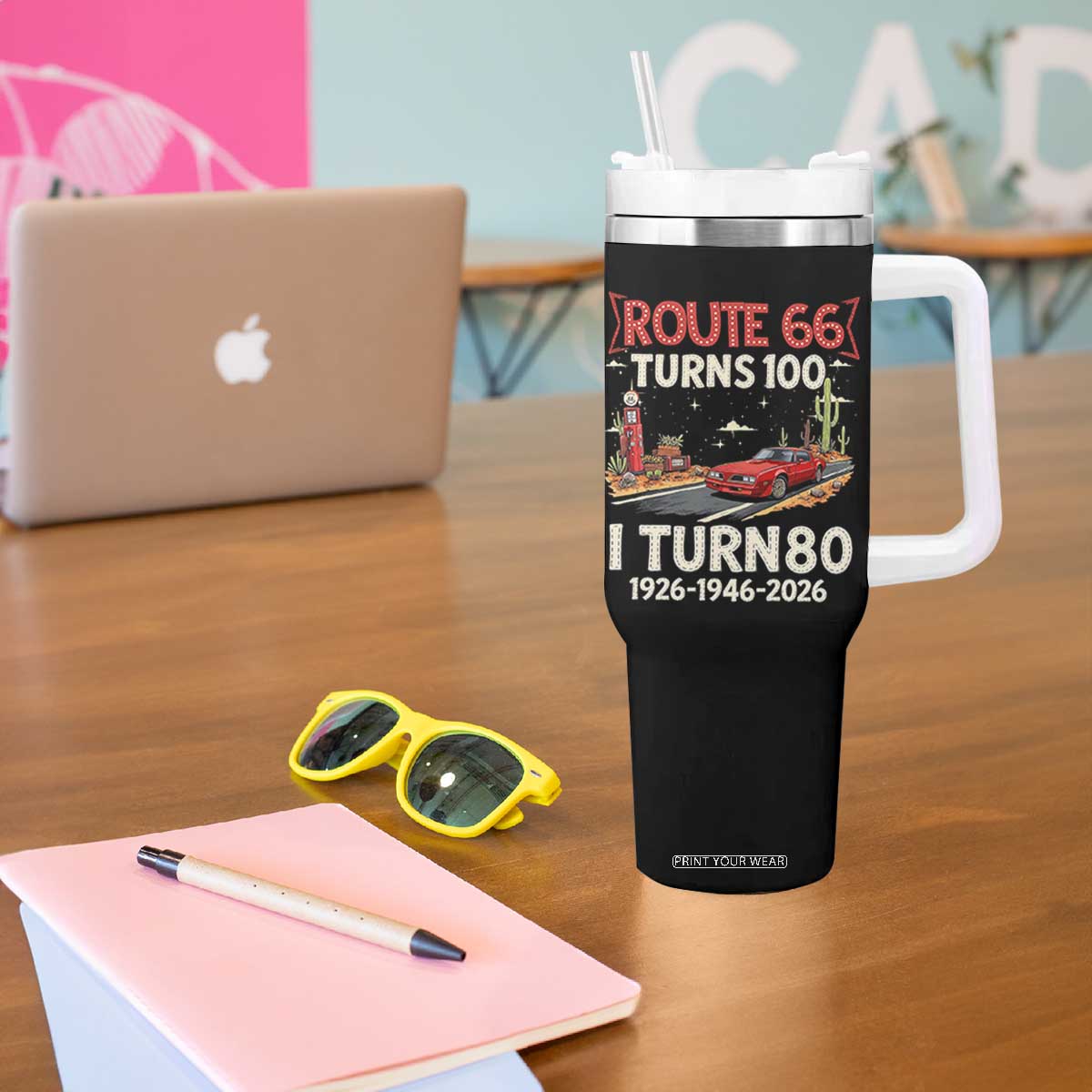 Route Highway 66 Turns 100 I Turn 80 Tumbler With Handle Vintage 1946 Road Sign Classic Muscle Car Lover 80th Birthday Gift