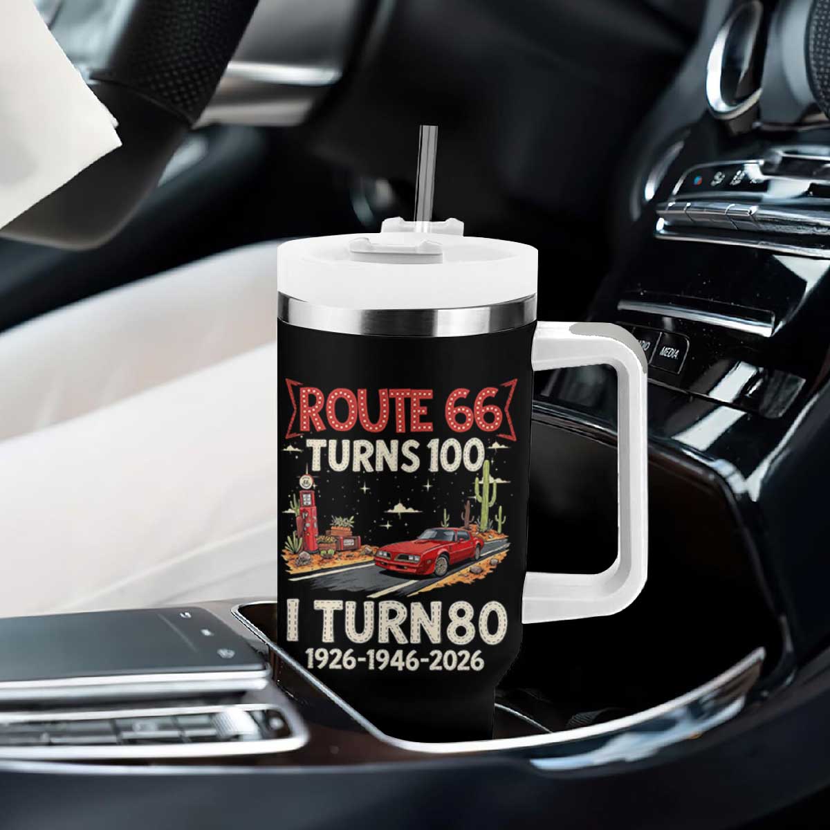 Route Highway 66 Turns 100 I Turn 80 Tumbler With Handle Vintage 1946 Road Sign Classic Muscle Car Lover 80th Birthday Gift