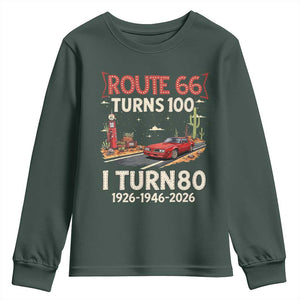 Route Highway 66 Turns 100 I Turn 80 Youth Sweatshirt Vintage 1946 Road Sign Classic Muscle Car Lover 80th Birthday Gift