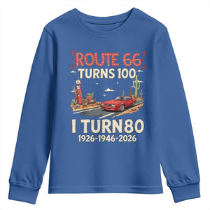 Route Highway 66 Turns 100 I Turn 80 Youth Sweatshirt Vintage 1946 Road Sign Classic Muscle Car Lover 80th Birthday Gift