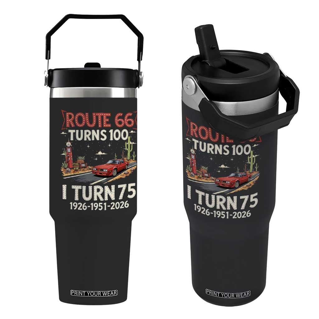 Route Highway 66 Turns 100 I Turn 75 Flip Straw Tumbler Vintage 1951 Road Sign Classic Muscle Car Lover 75th Birthday Gift