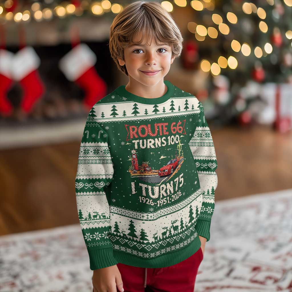 Route Highway 66 Turns 100 I Turn 75 Ugly Christmas Sweater Vintage 1951 Road Sign Classic Muscle Car Lover 75th Birthday Gift