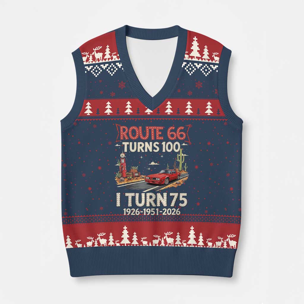Route Highway 66 Turns 100 I Turn 75 V-Neck Knit Sweater Vest Vintage 1951 Road Sign Classic Muscle Car Lover 75th Birthday Gift TS14 Navy Red Print Your Wear