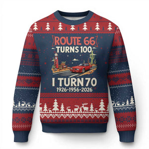 Route Highway 66 Turns 100 I Turn 70 Ugly Christmas Sweater Vintage 1956 Road Sign Classic Muscle Car Lover 70th Birthday Gift