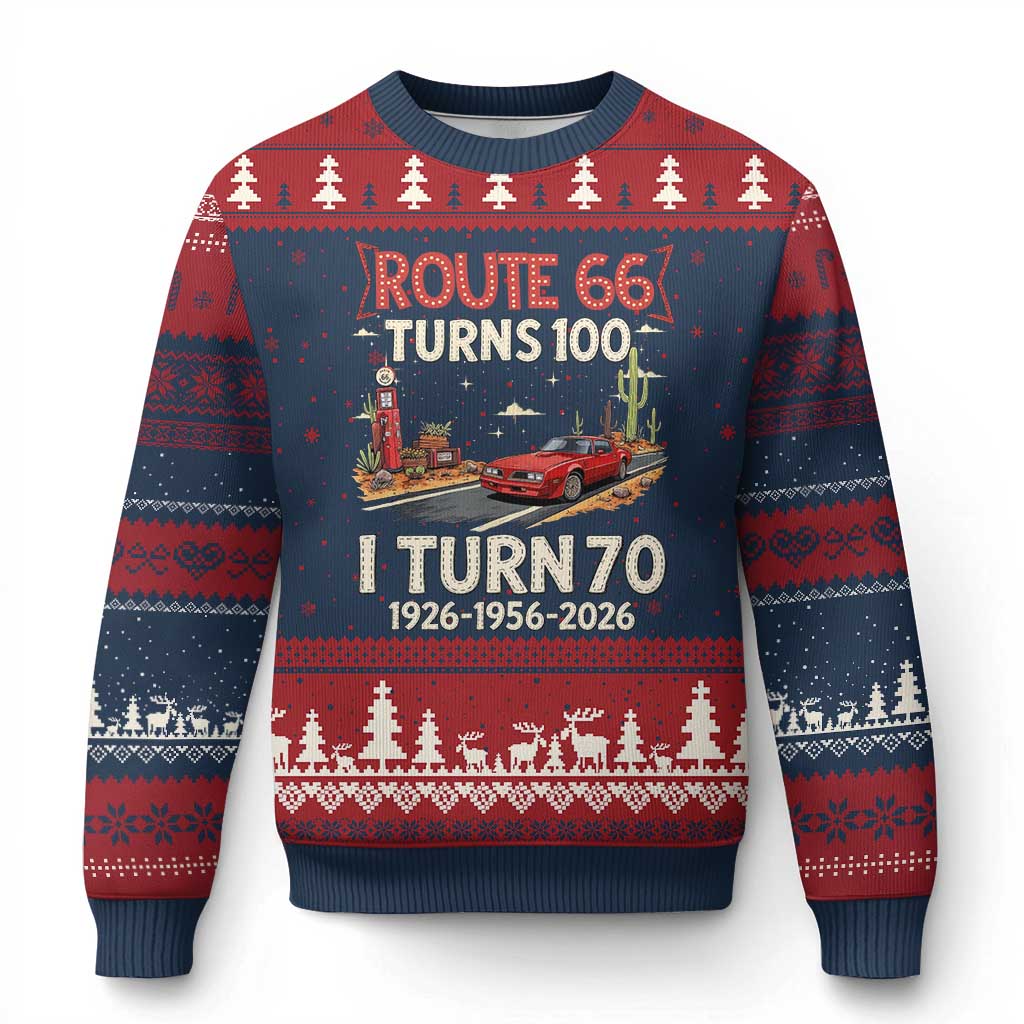 Route Highway 66 Turns 100 I Turn 70 Ugly Christmas Sweater Vintage 1956 Road Sign Classic Muscle Car Lover 70th Birthday Gift TS14 Navy Red Print Your Wear