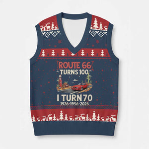Route Highway 66 Turns 100 I Turn 70 V-Neck Knit Sweater Vest Vintage 1956 Road Sign Classic Muscle Car Lover 70th Birthday Gift