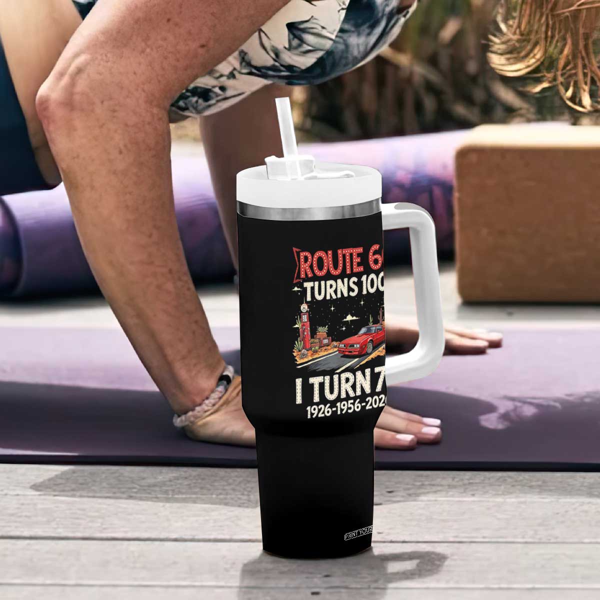 Route Highway 66 Turns 100 I Turn 70 Tumbler With Handle Vintage 1956 Road Sign Classic Muscle Car Lover 70th Birthday Gift